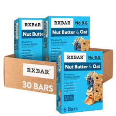 RXBAR Nut Butter and Oat Blueberry Cashew Butter bars packaging shown for on-the-go snacking.