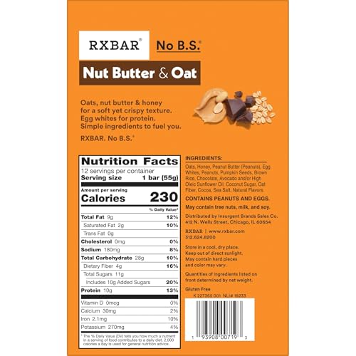 RXBAR Nut Butter and Oat bar closeup; visible oats, dark chocolate, and protein-packed bite.