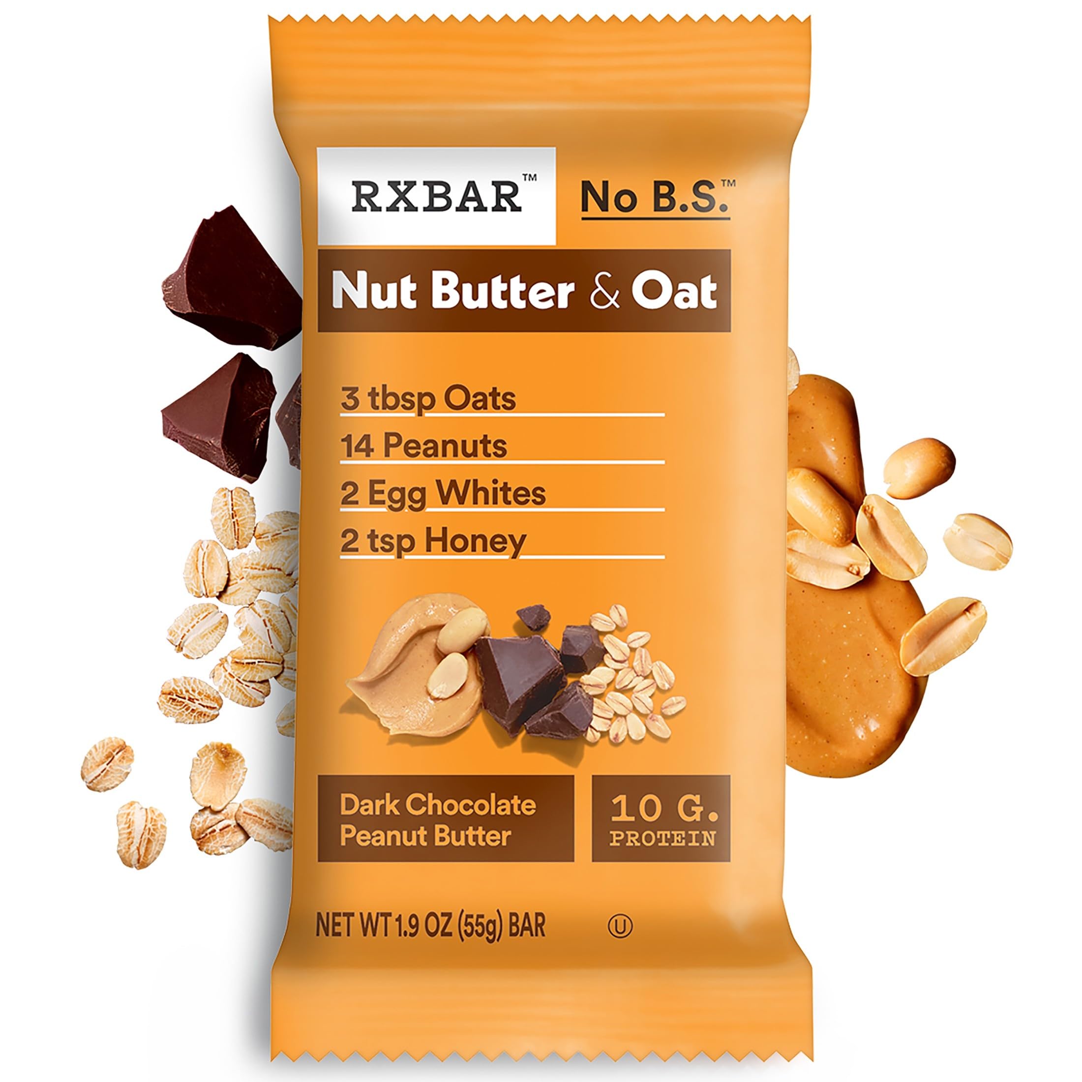 RXBAR Nut Butter and Oat bar in foil wrapper; premium ingredients showcased.
