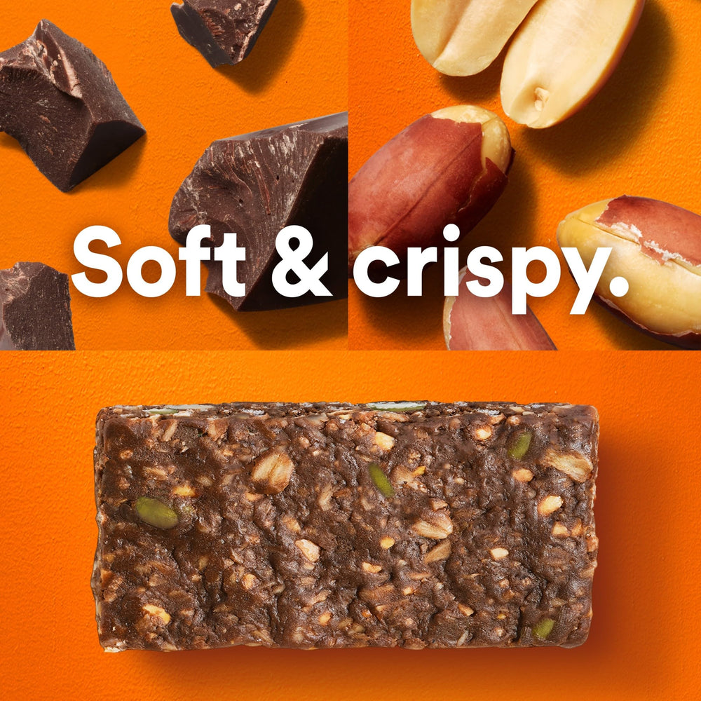 RXBAR Nut Butter and Oat bar texture closeup; satisfying oats and crunchy bits.