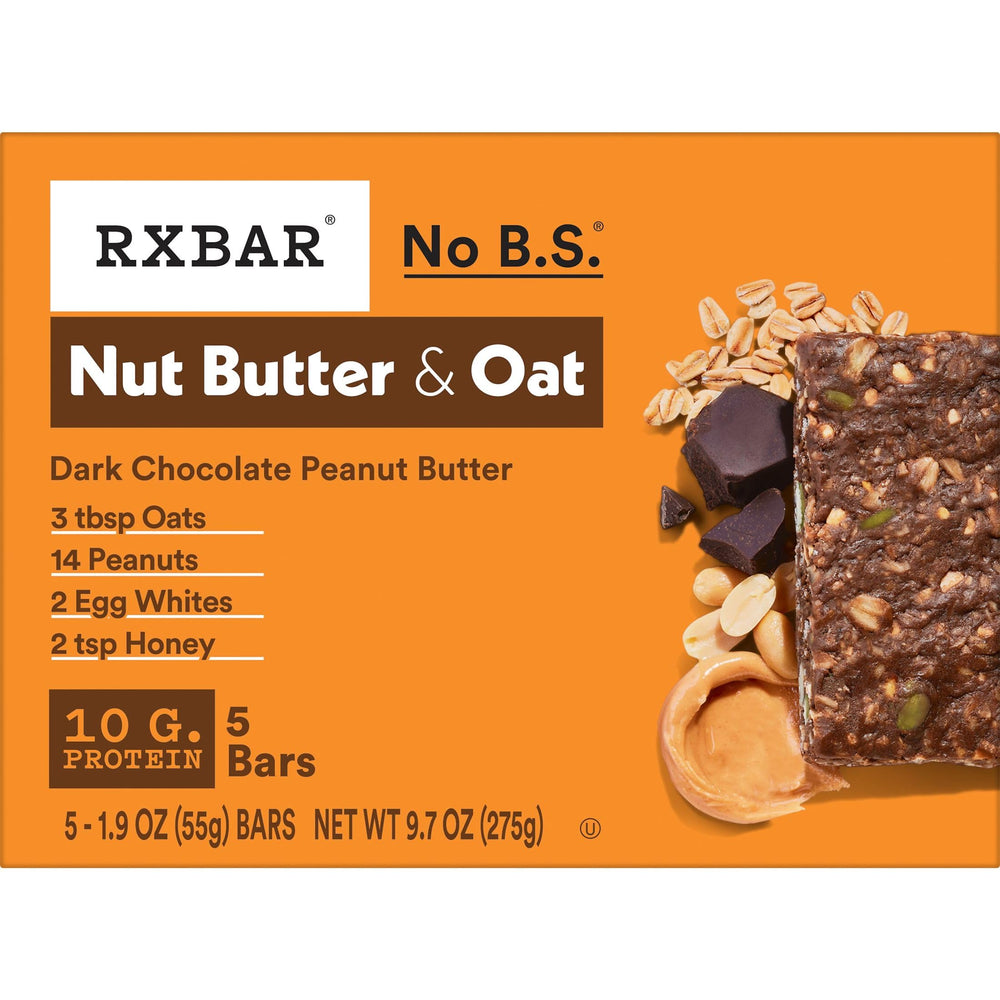 Ingredients snapshot featuring oats, honey, peanuts, and egg whites in RXBAR packaging.