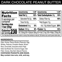 Close-up of RXBAR bar with oats, peanuts, and dark chocolate emphasizes simple, recognizable ingredients.