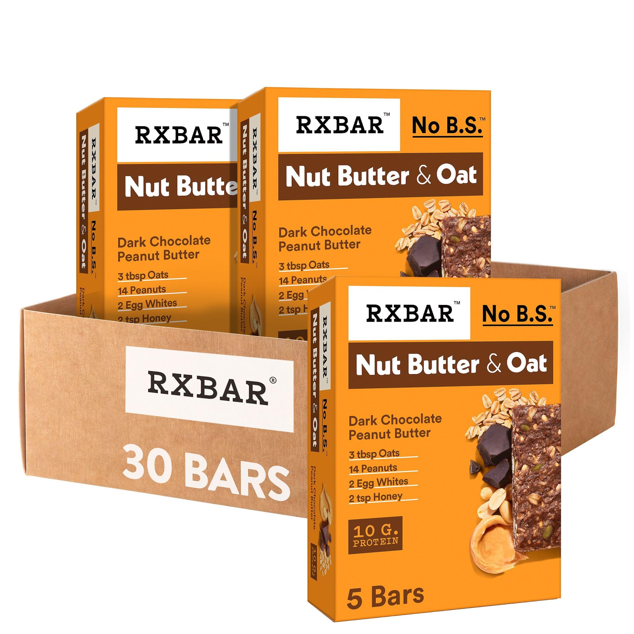 RXBAR Nut Butter and Oat Dark Chocolate Peanut Butter bar packaging highlights clean ingredients for on-the-go fueling.
