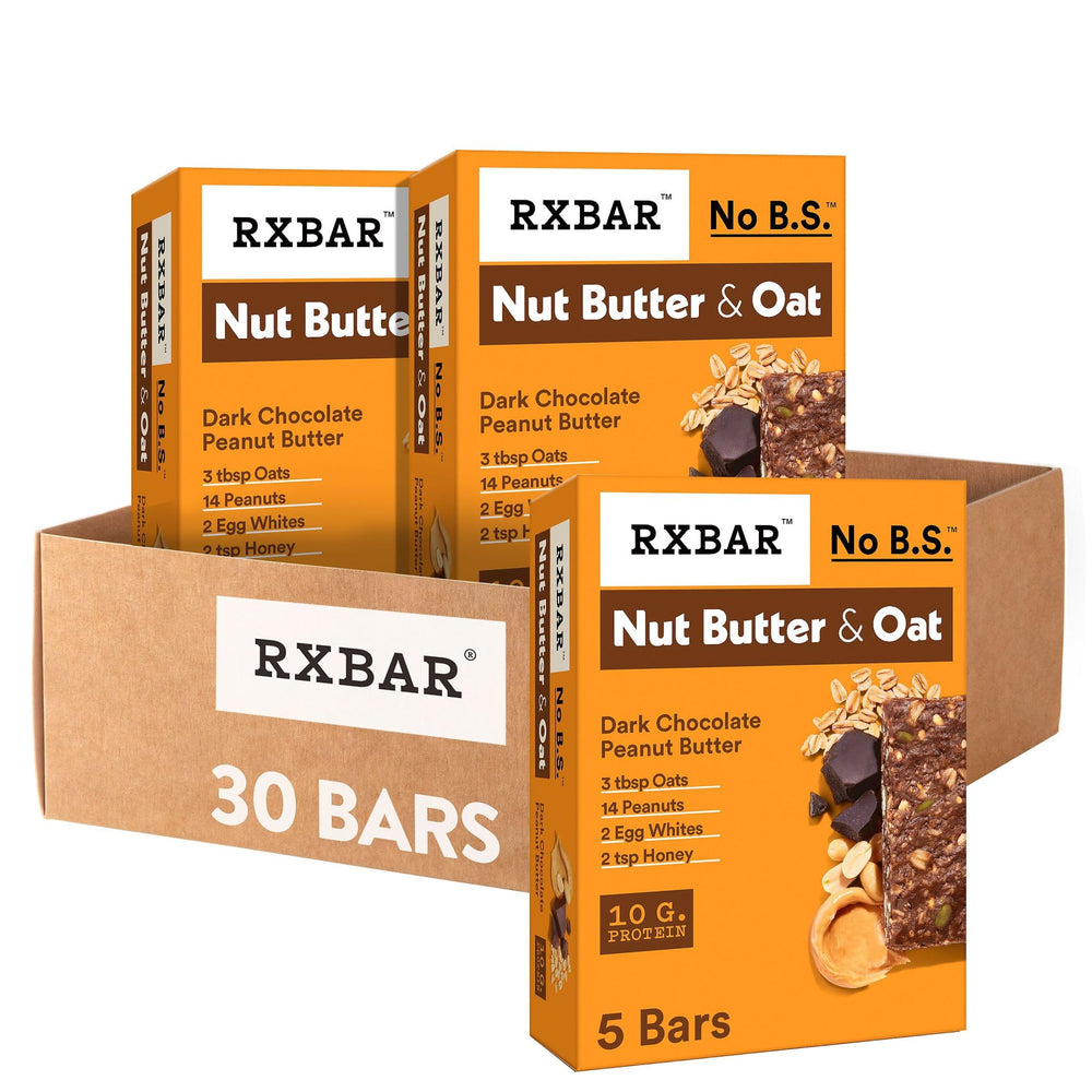 RXBAR Nut Butter and Oat Dark Chocolate Peanut Butter bar packaging highlights clean ingredients for on-the-go fueling.