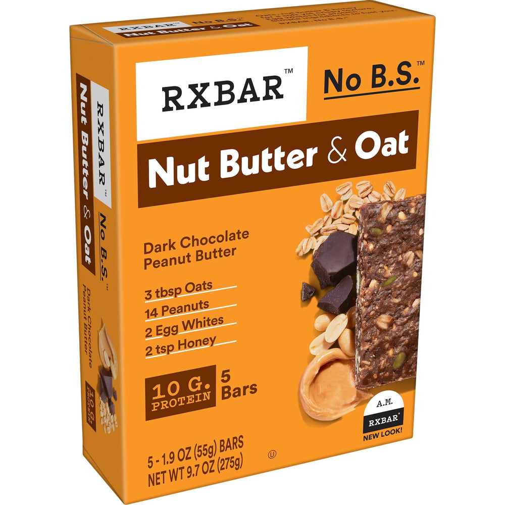Unwrapped RXBAR bar showing cross-section of oats and peanut butter for texture insight.
