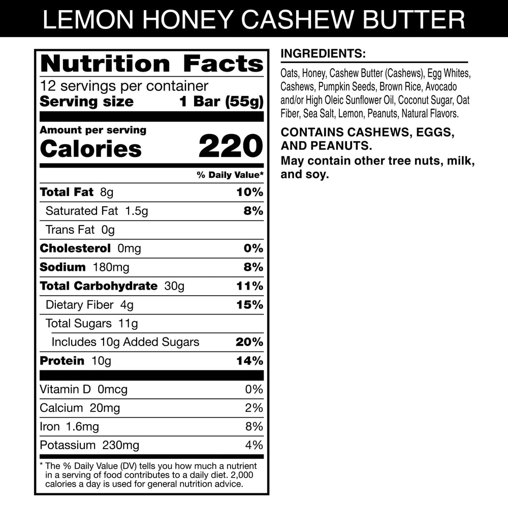 Close-up of RXBAR ingredients: oats, honey, cashews, egg whites, lemon