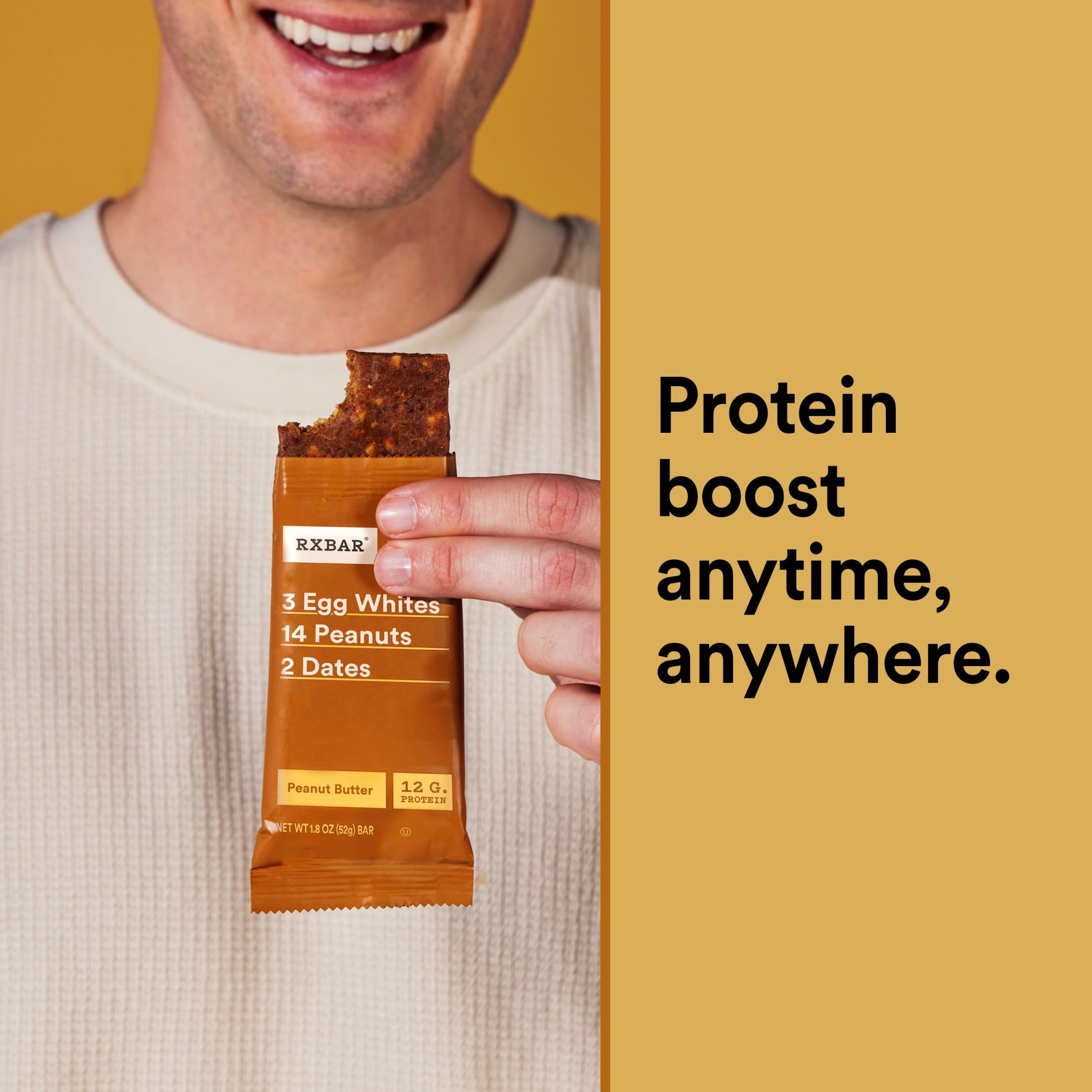 RXBAR Peanut Butter bar close-up showing crunchy peanuts and binding dates
