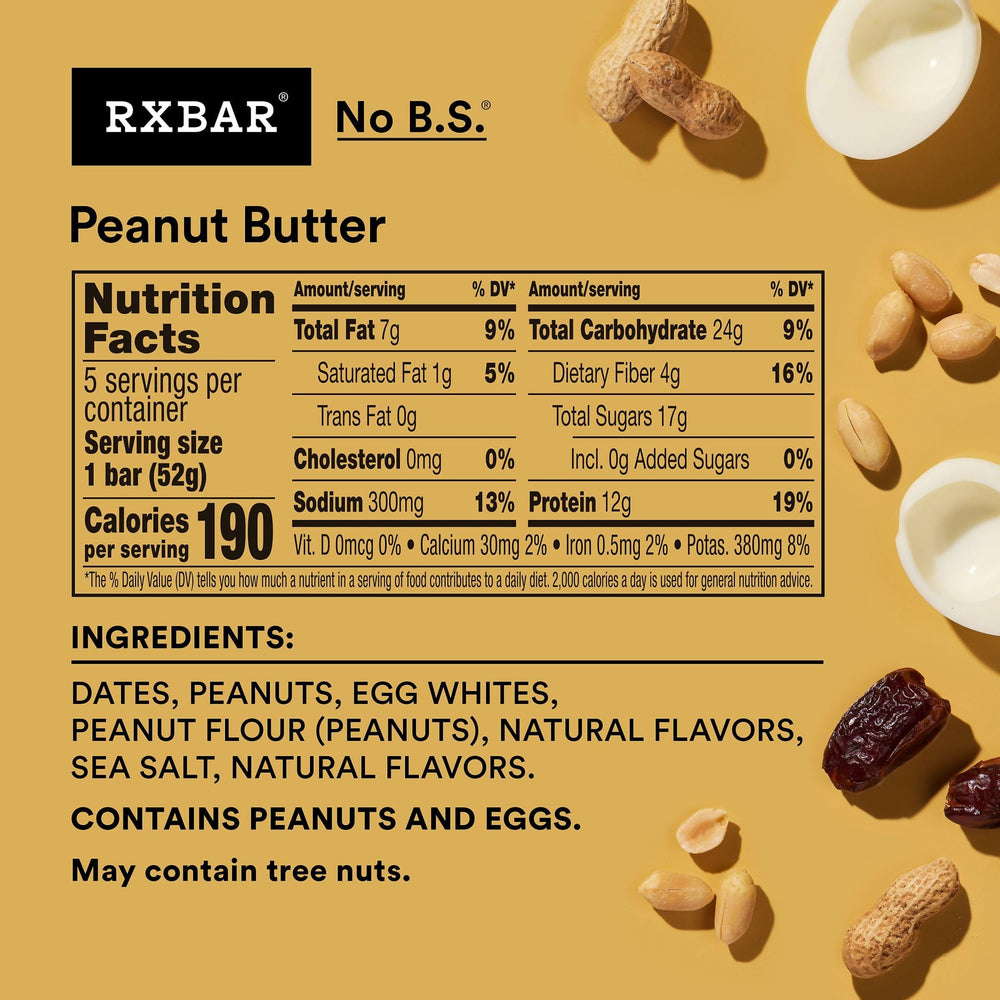 RXBAR Peanut Butter bar pack shot emphasizing simple real ingredients