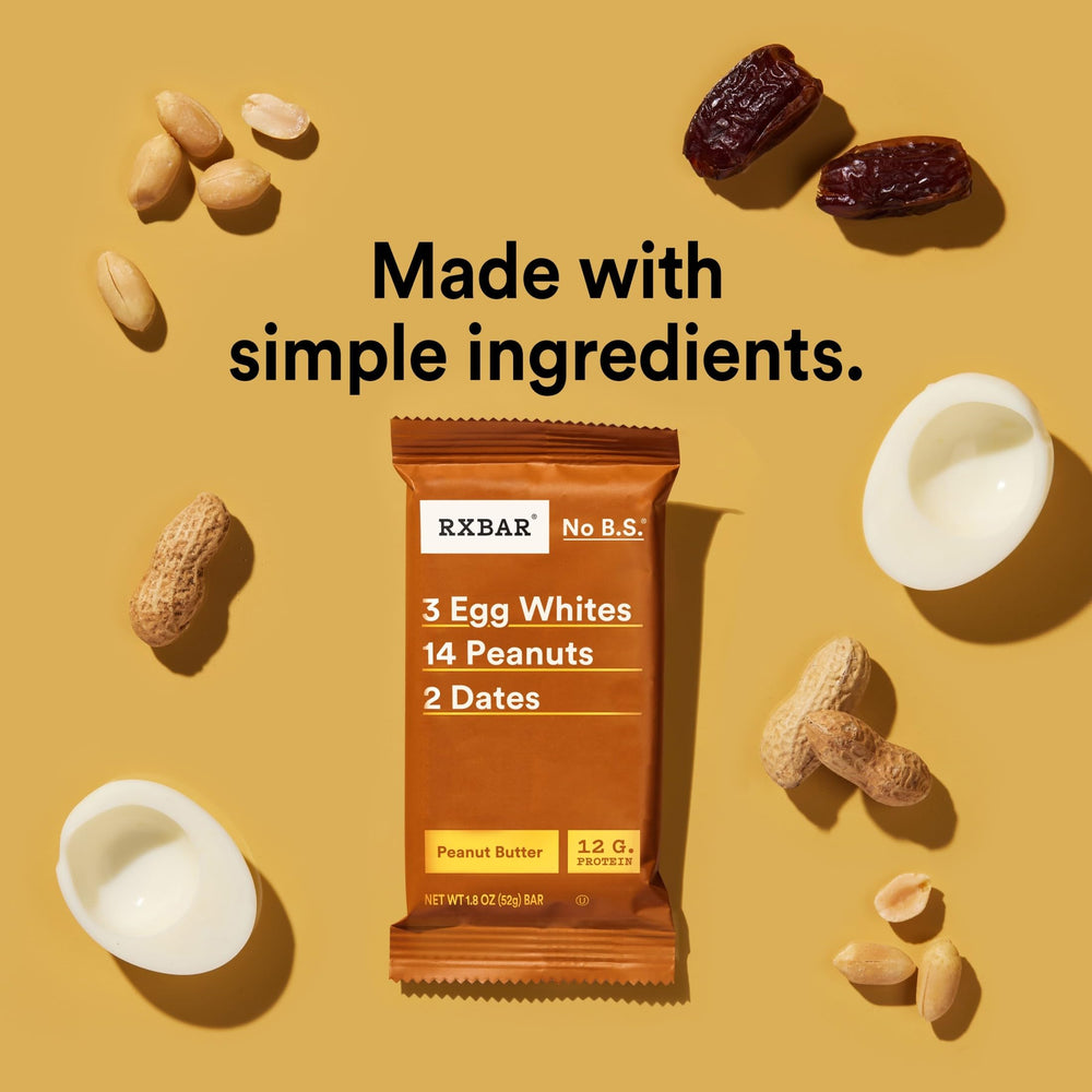 RXBAR ingredients close-up with eggs, peanuts, and dates showing simple nutrition