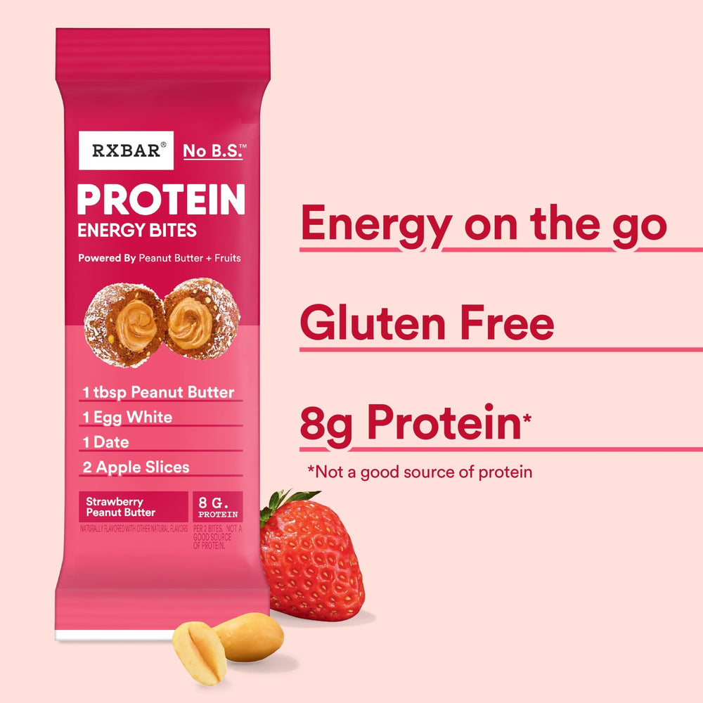 Pouch packaging shows six boxes of RXBAR Energy Bites.