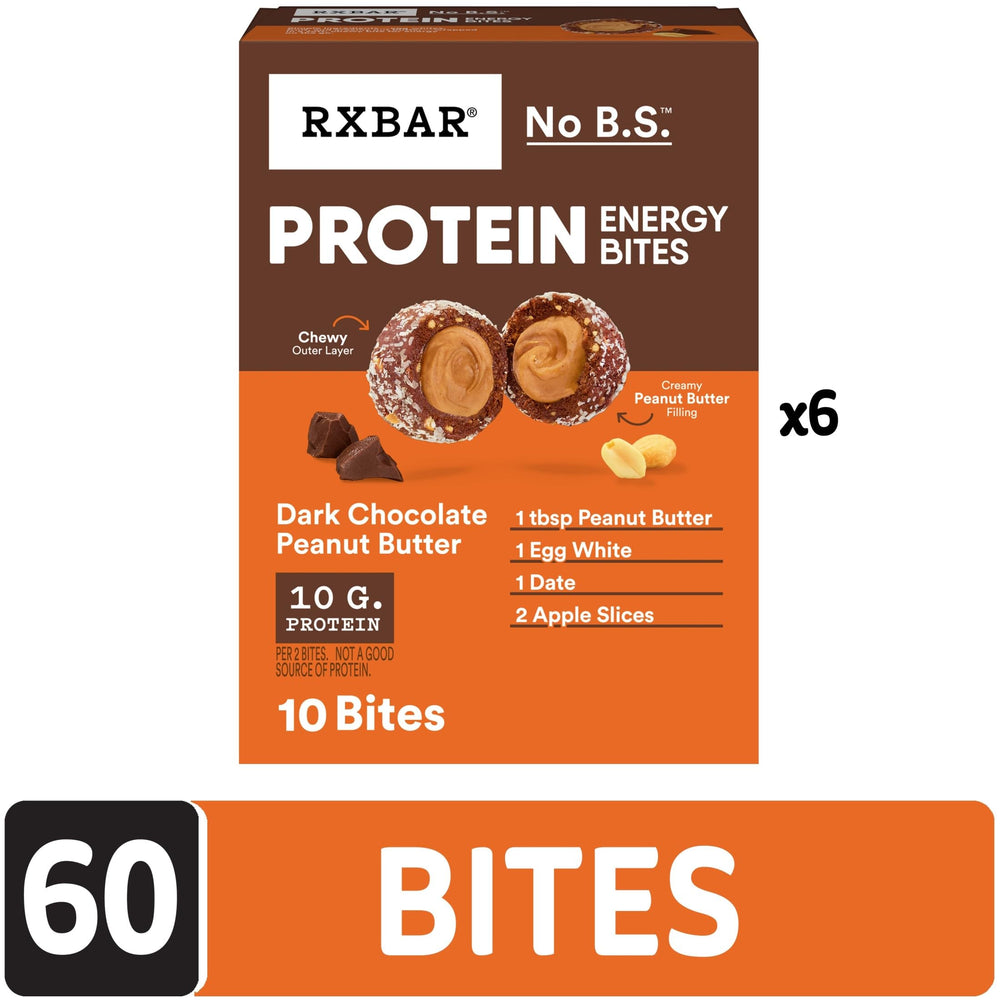RXBAR Dark Chocolate Peanut Butter bites shown as an on-the-go snack.