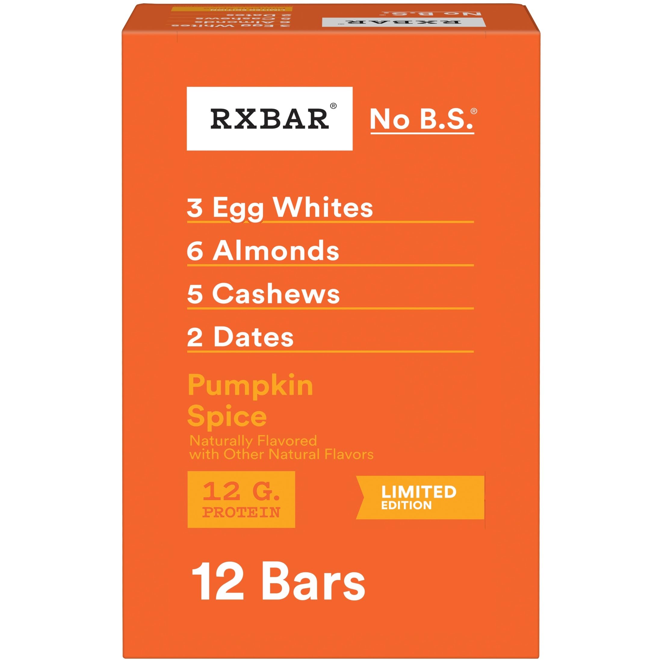RXBAR Pumpkin Spice bar box 22oz with 12 bars, convenient snack for on the go.
