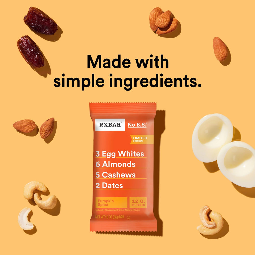 RXBAR Pumpkin Spice bar texture close-up highlighting dates and crunchy almonds.