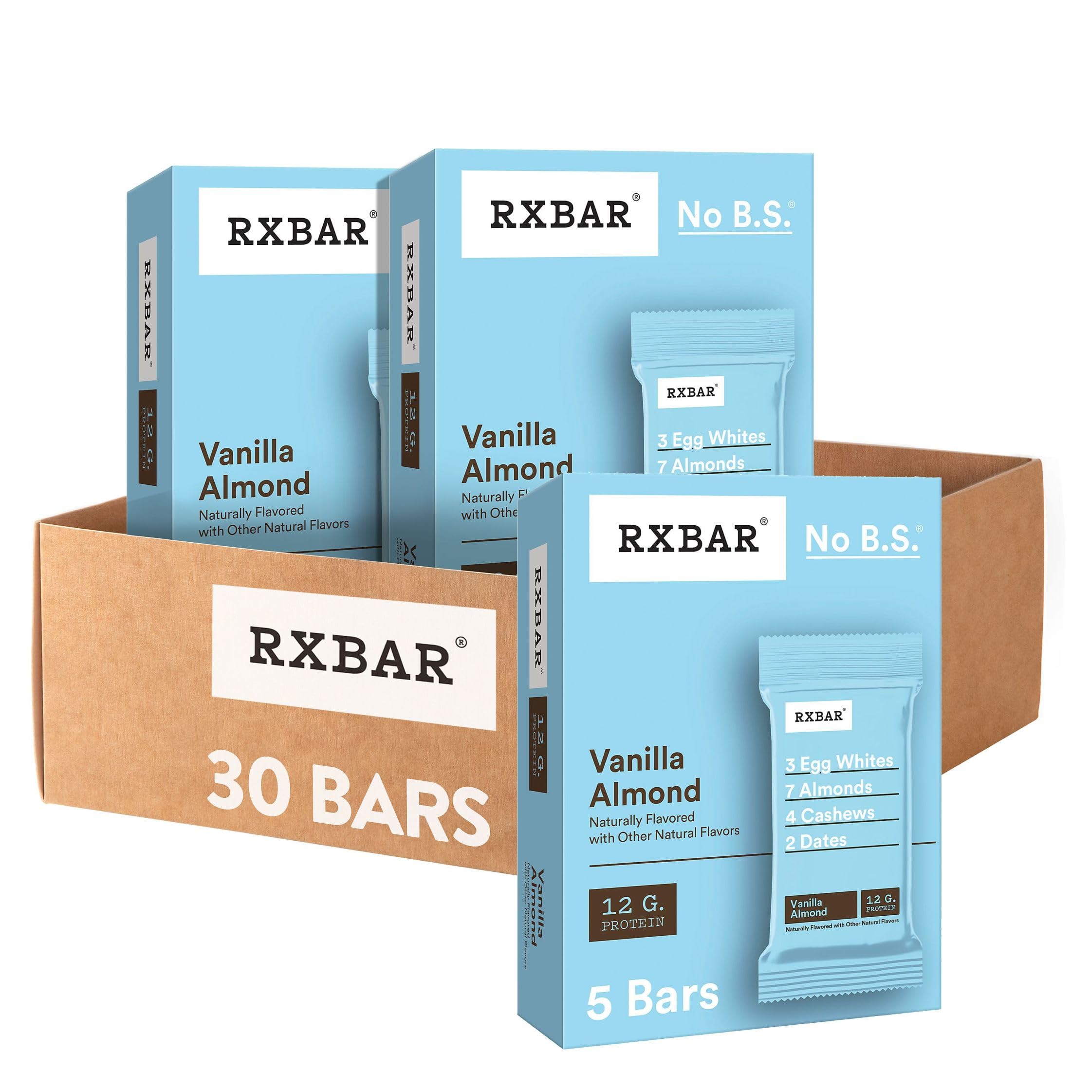 RXBAR Vanilla Almond packaging shown for a quick, protein-packed snack on the go