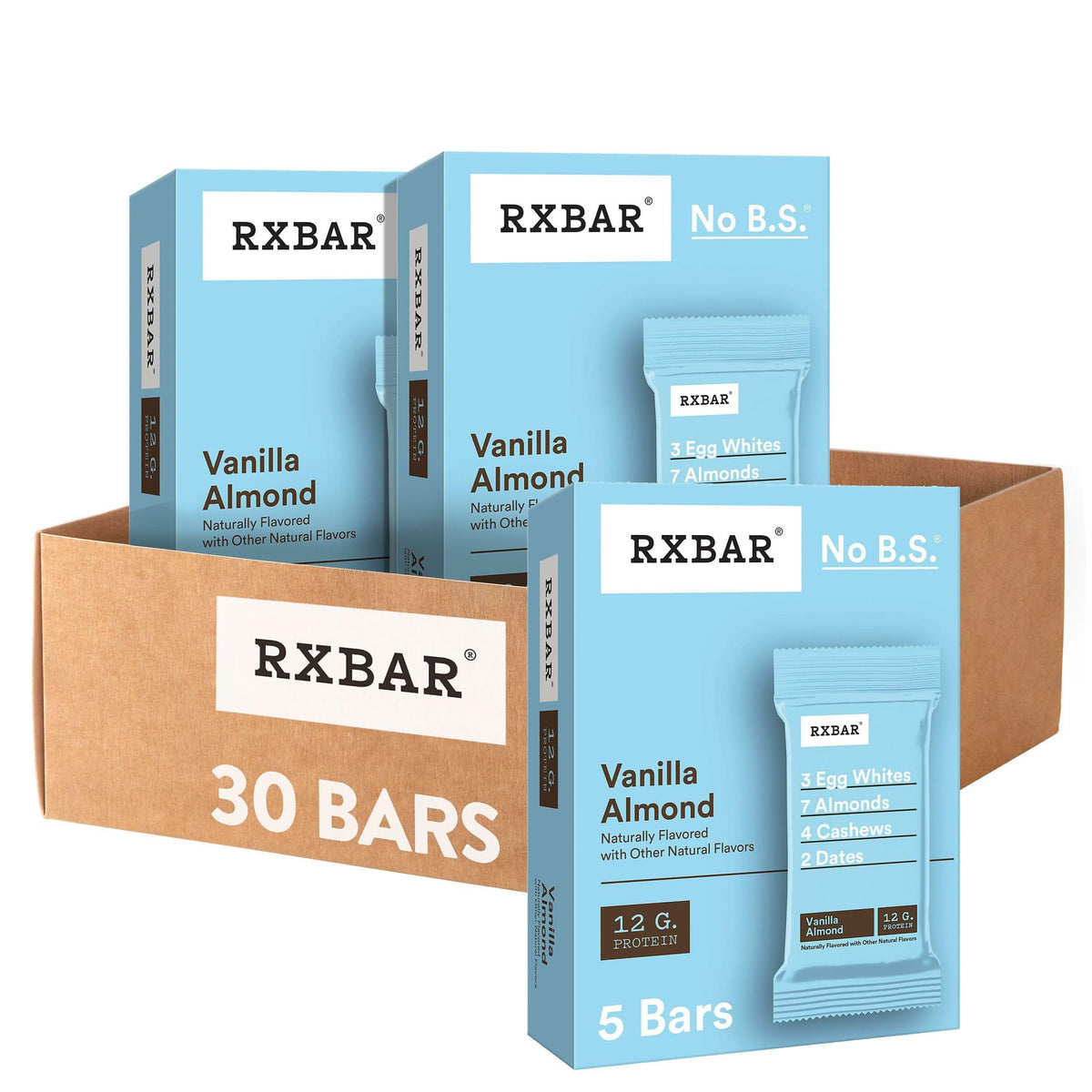 RXBAR Vanilla Almond packaging shown for a quick, protein-packed snack on the go