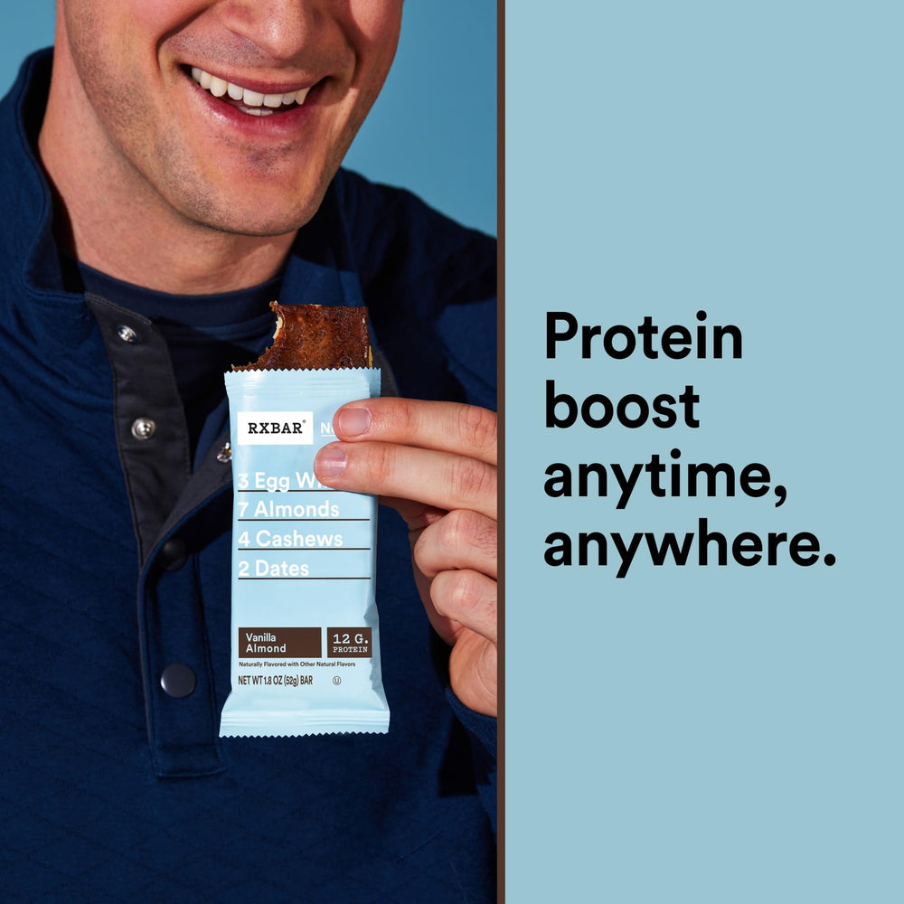 RXBAR Vanilla Almond box opening, simple ingredient list revealed.