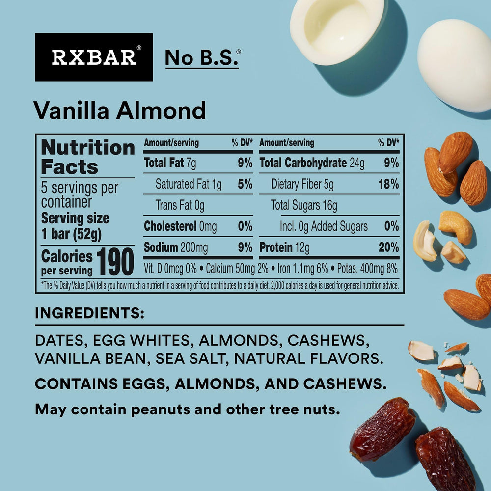 Close-up of RXBAR Vanilla Almond ingredients highlighting nuts, vanilla, and dates