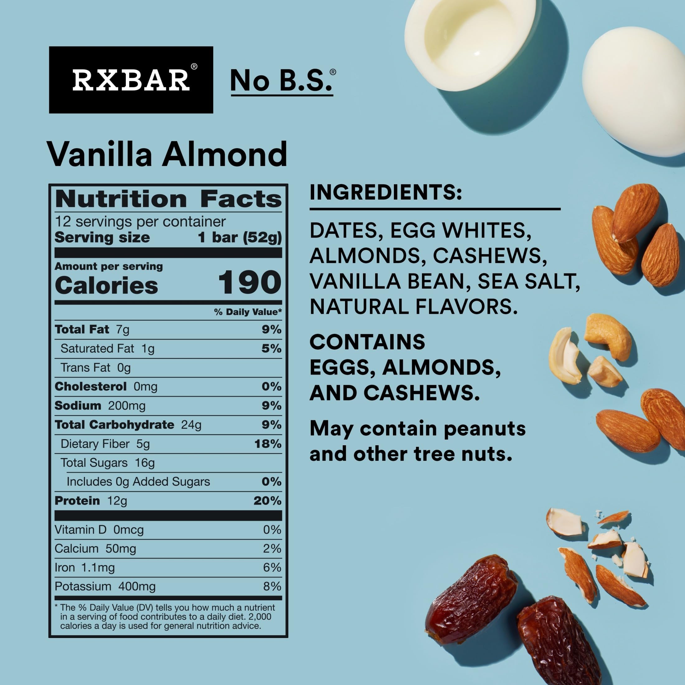 RXBAR Vanilla Almond ingredients close-up showing eggs whites and nuts.