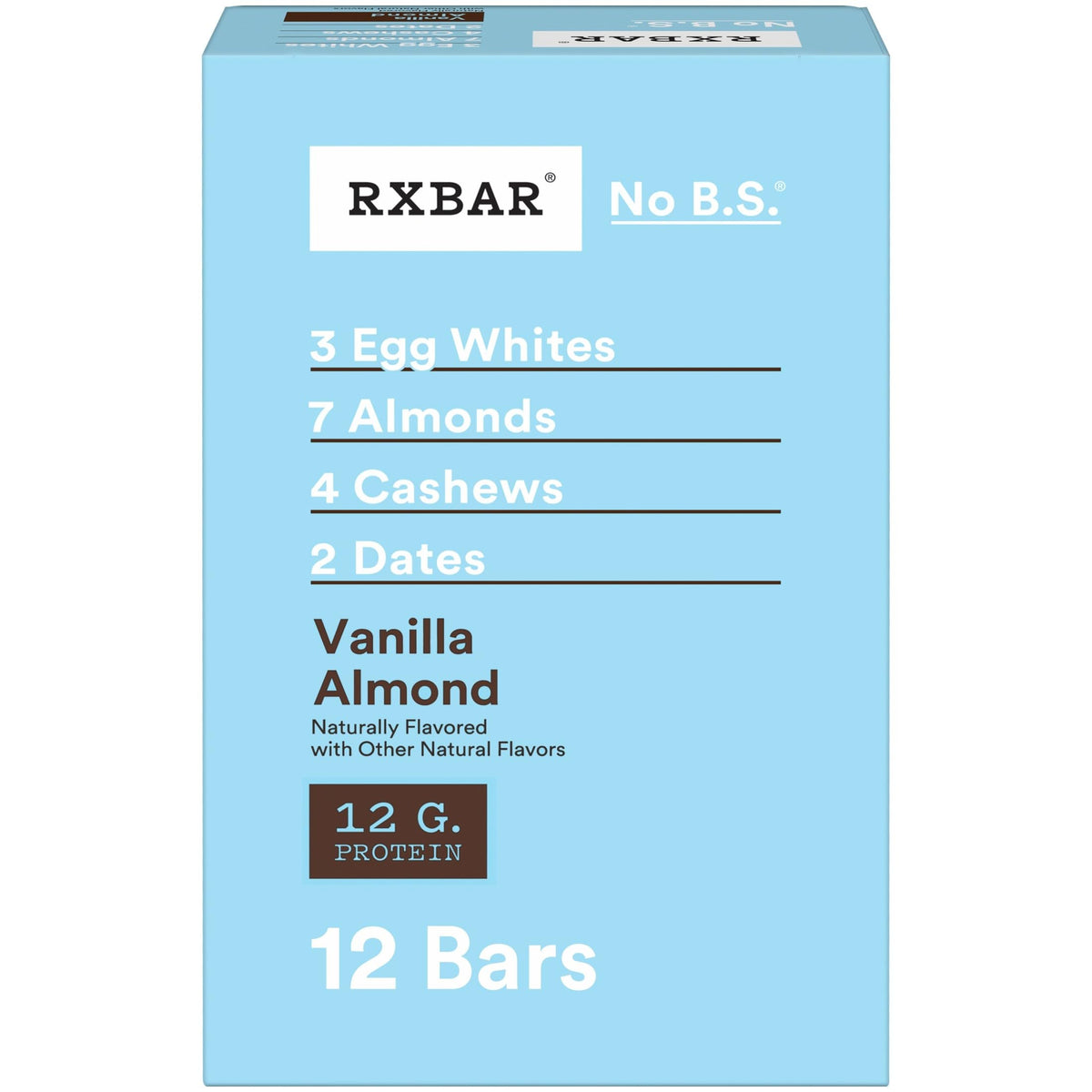RXBAR Vanilla Almond packaging front, real ingredients for a quick snack.