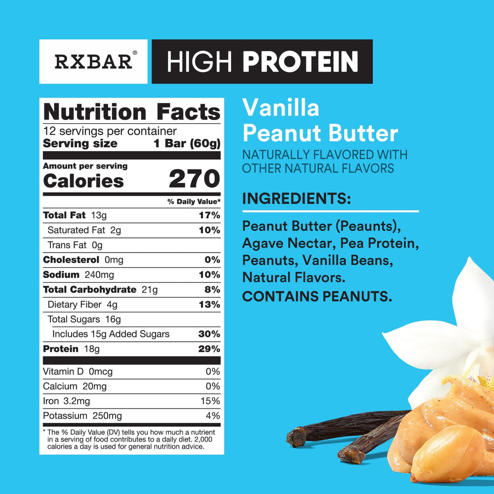 Unwrapped RXBAR Vanilla Peanut Butter bar reveals creamy texture and ingredients