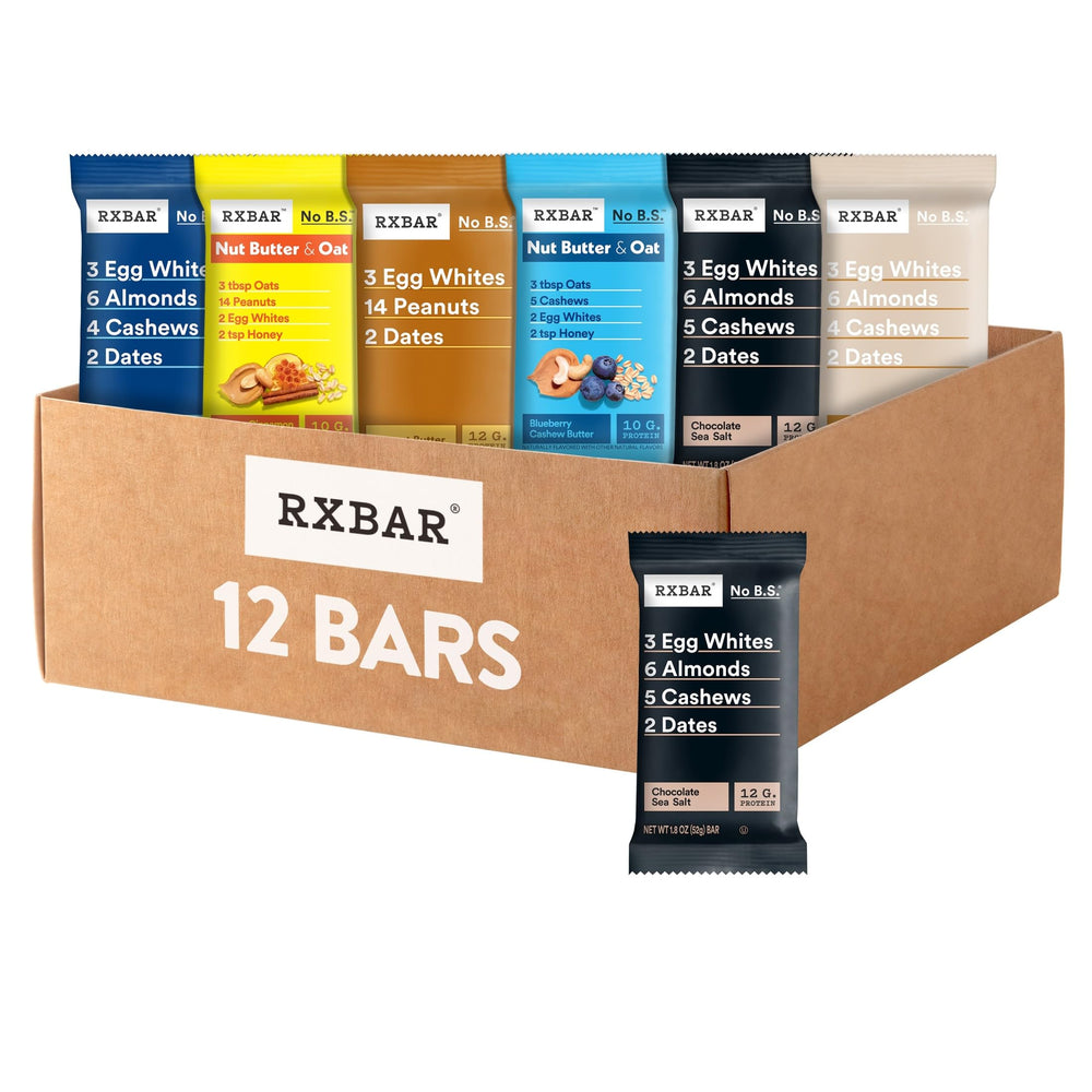 RXBAR variety pack front view shows six flavors for convenient on-the-go snacking