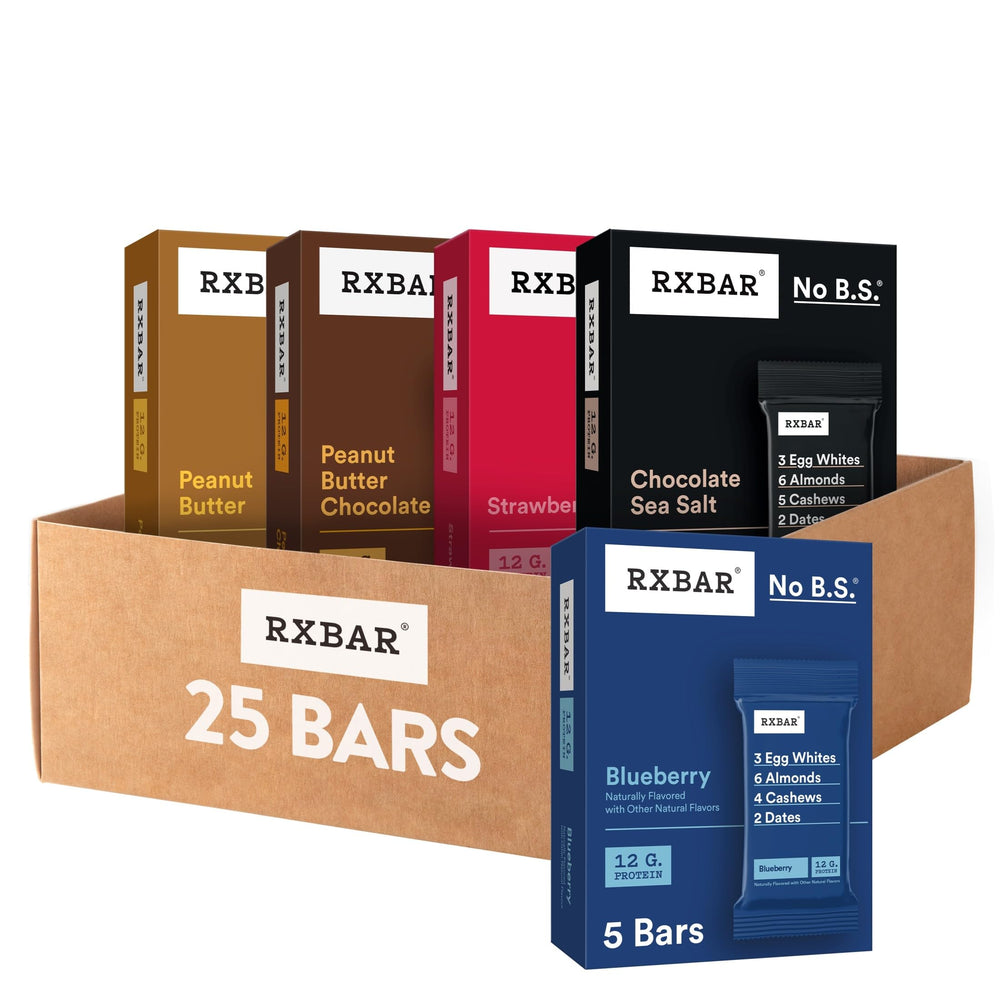 RXBAR variety pack with 5 boxes and 25 bars, ideal for quick snacking.