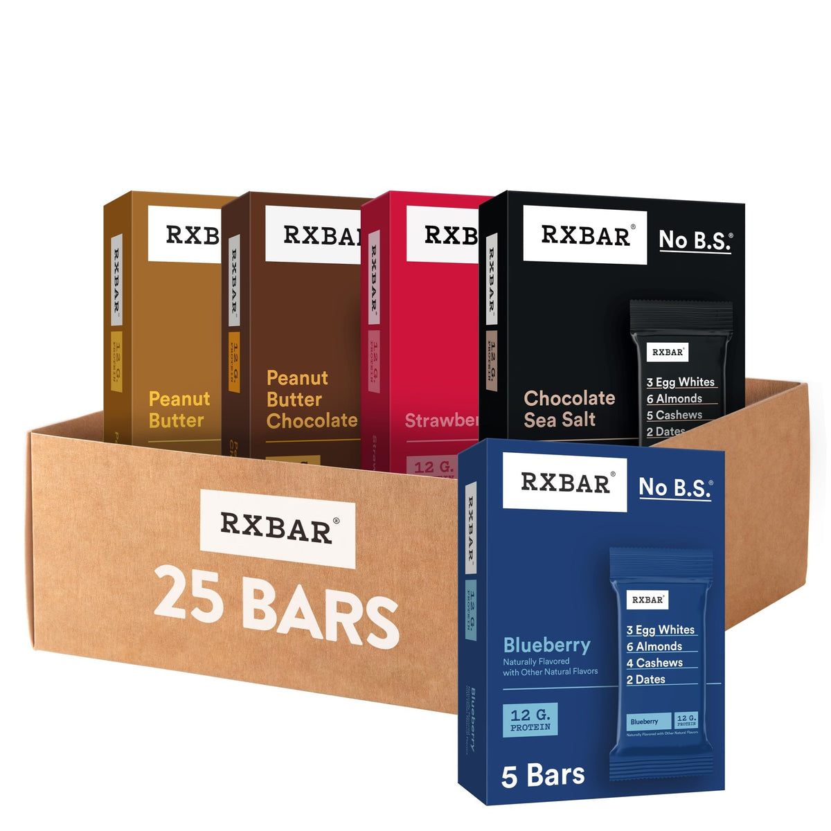 RXBAR variety pack with 5 boxes and 25 bars, ideal for quick snacking.