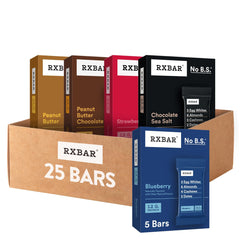 RXBAR variety pack with 5 boxes and 25 bars, ideal for quick snacking.