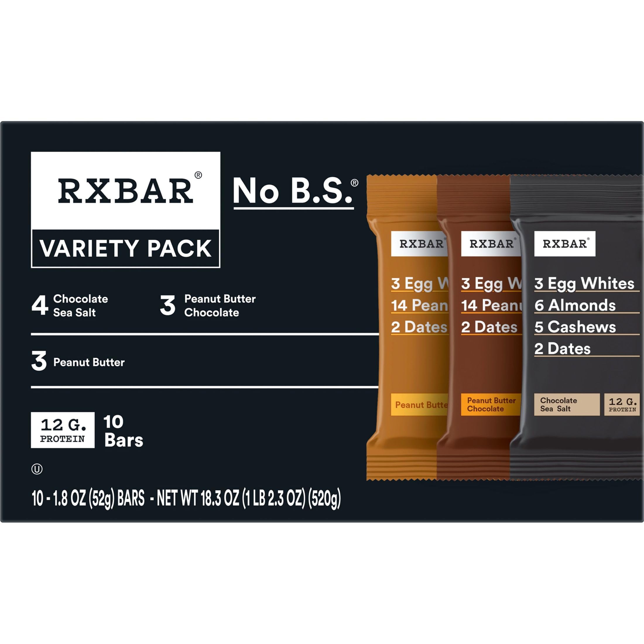 RXBAR variety pack box featuring three flavors for everyday snacking and travel.