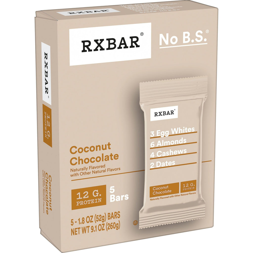 RXBAR Coconut Chocolate bar beside workout gear for post-workout energy.