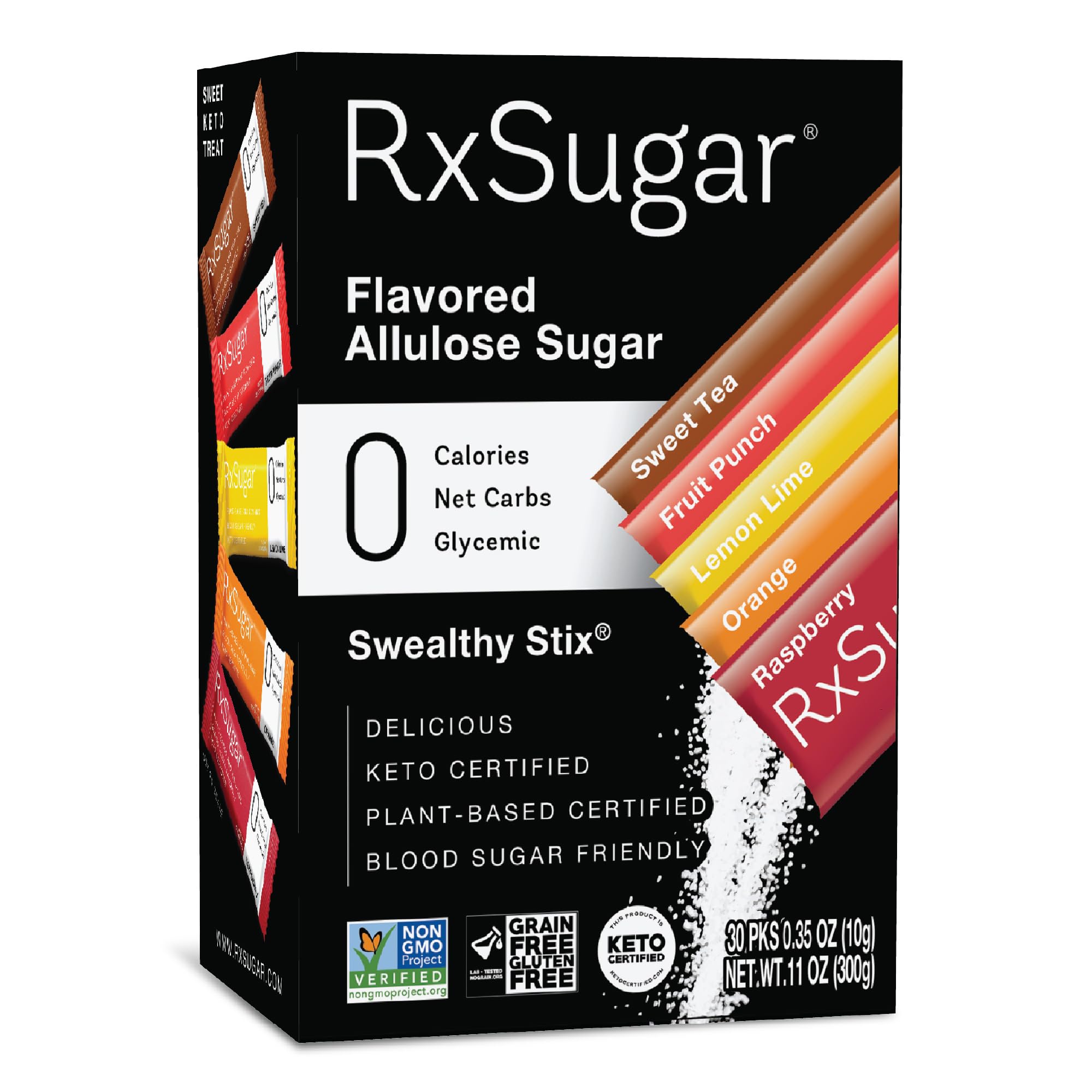 RxSugar Swealthy Stix raspberry stick pack for zero-calorie flavor on the go.