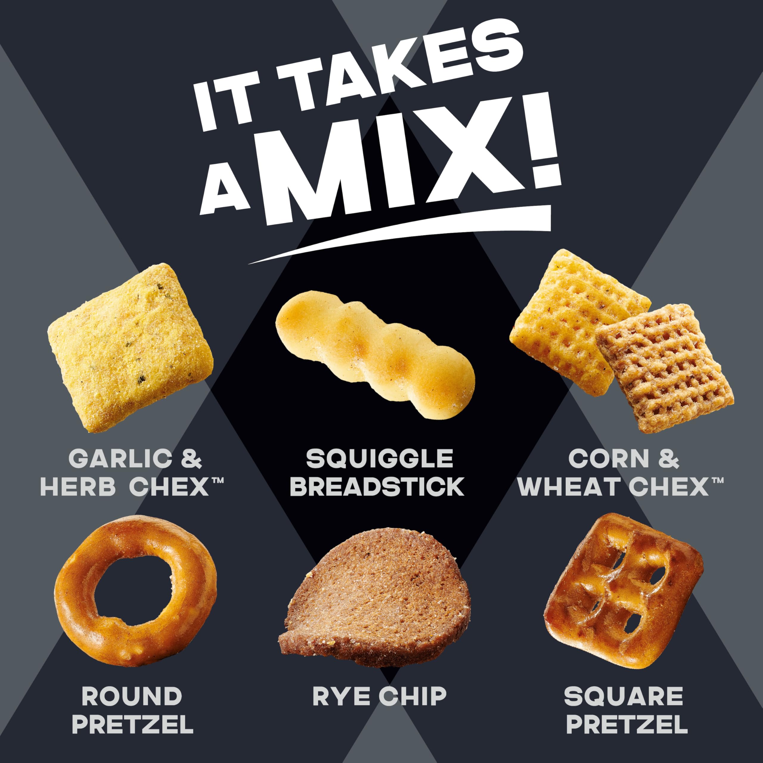 Rye chips visible in Chex Mix for variety and crunch.