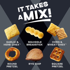 Rye chips visible in Chex Mix for variety and crunch.