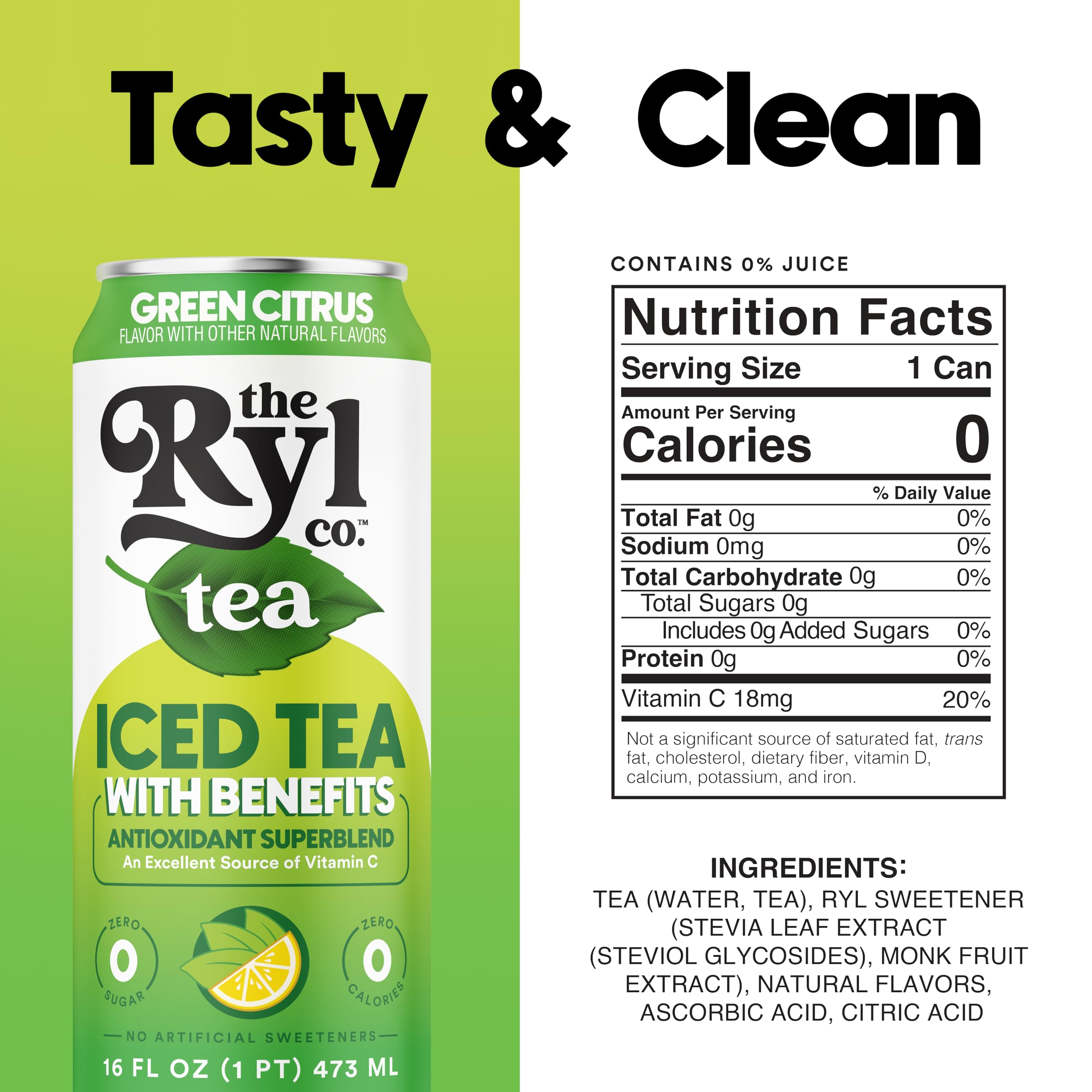 The Ryl Co Green Citrus Tea can being poured into a glass, zero calories.