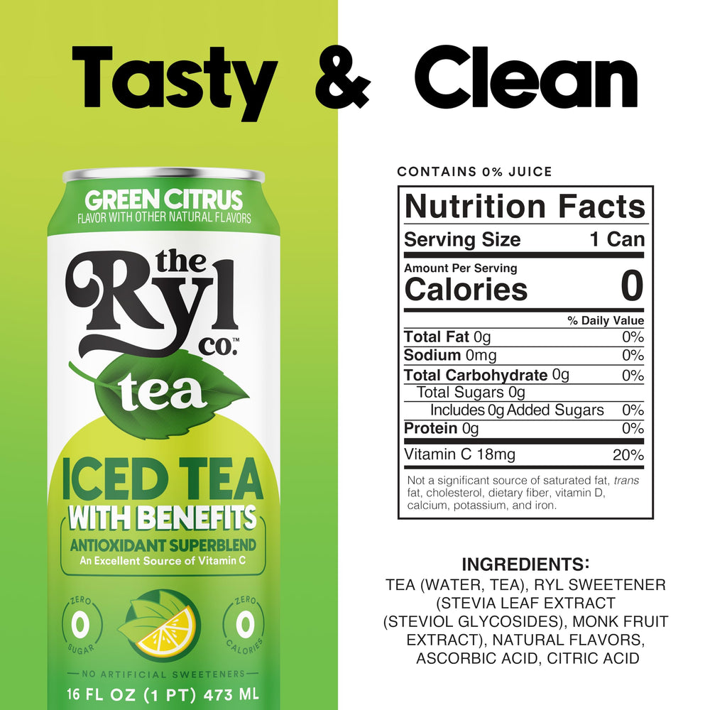The Ryl Co Green Citrus Tea can being poured into a glass, zero calories.