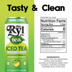 The Ryl Co Green Citrus Tea can being poured into a glass, zero calories.