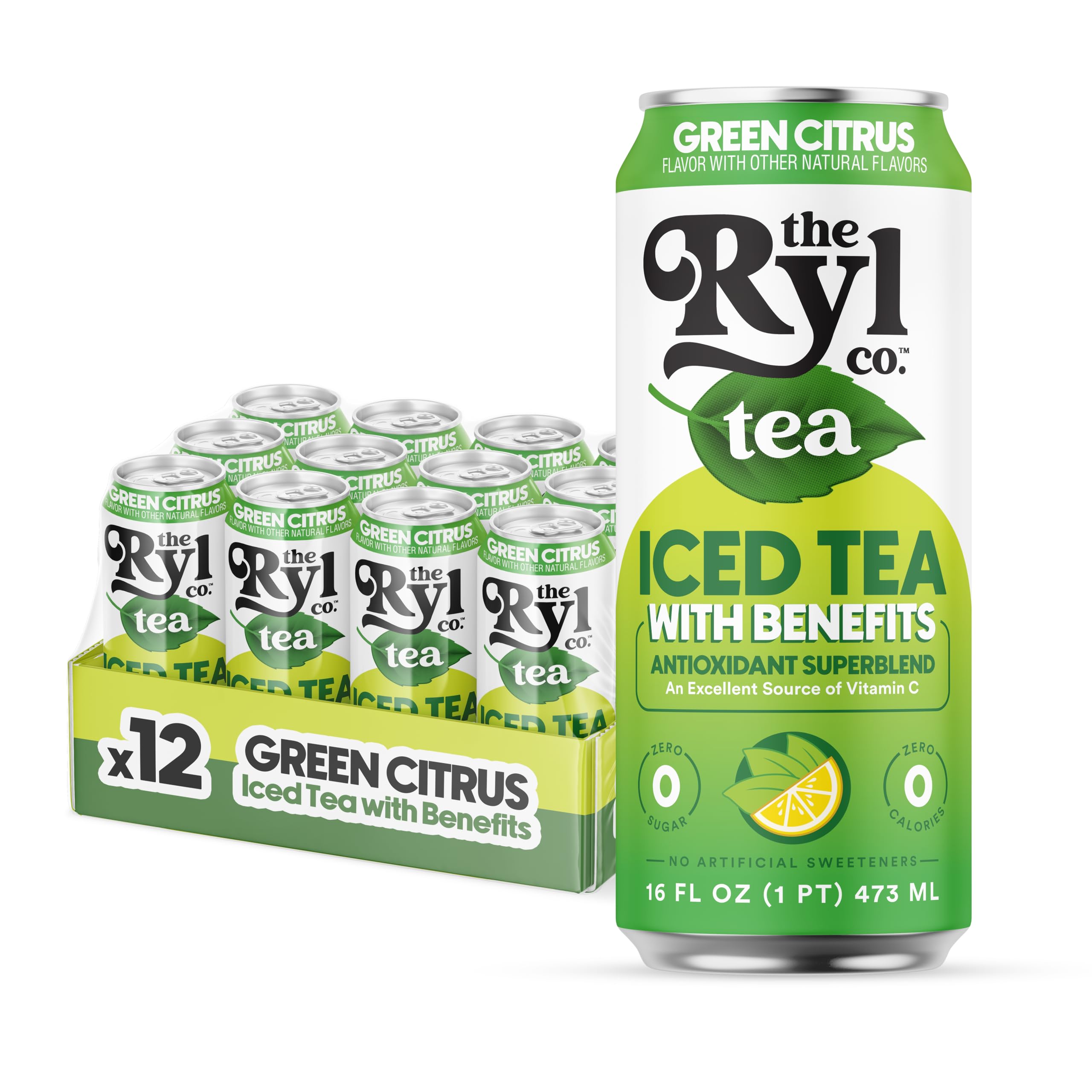 The Ryl Co Green Citrus Iced Tea can, side view, zero sugar refreshment.