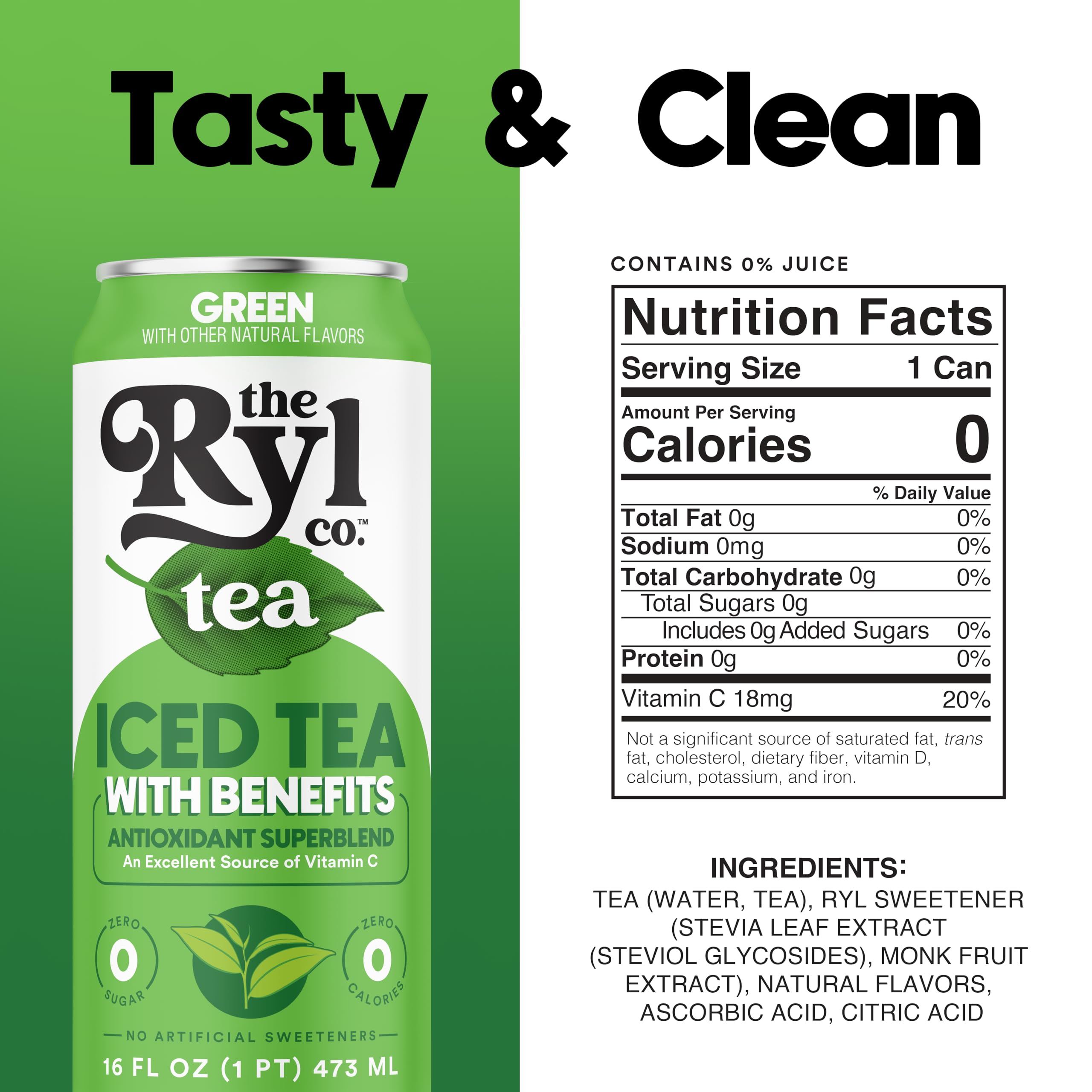 Ryl Co Iced Tea Green can front shows zero-sugar, low-carb refreshment