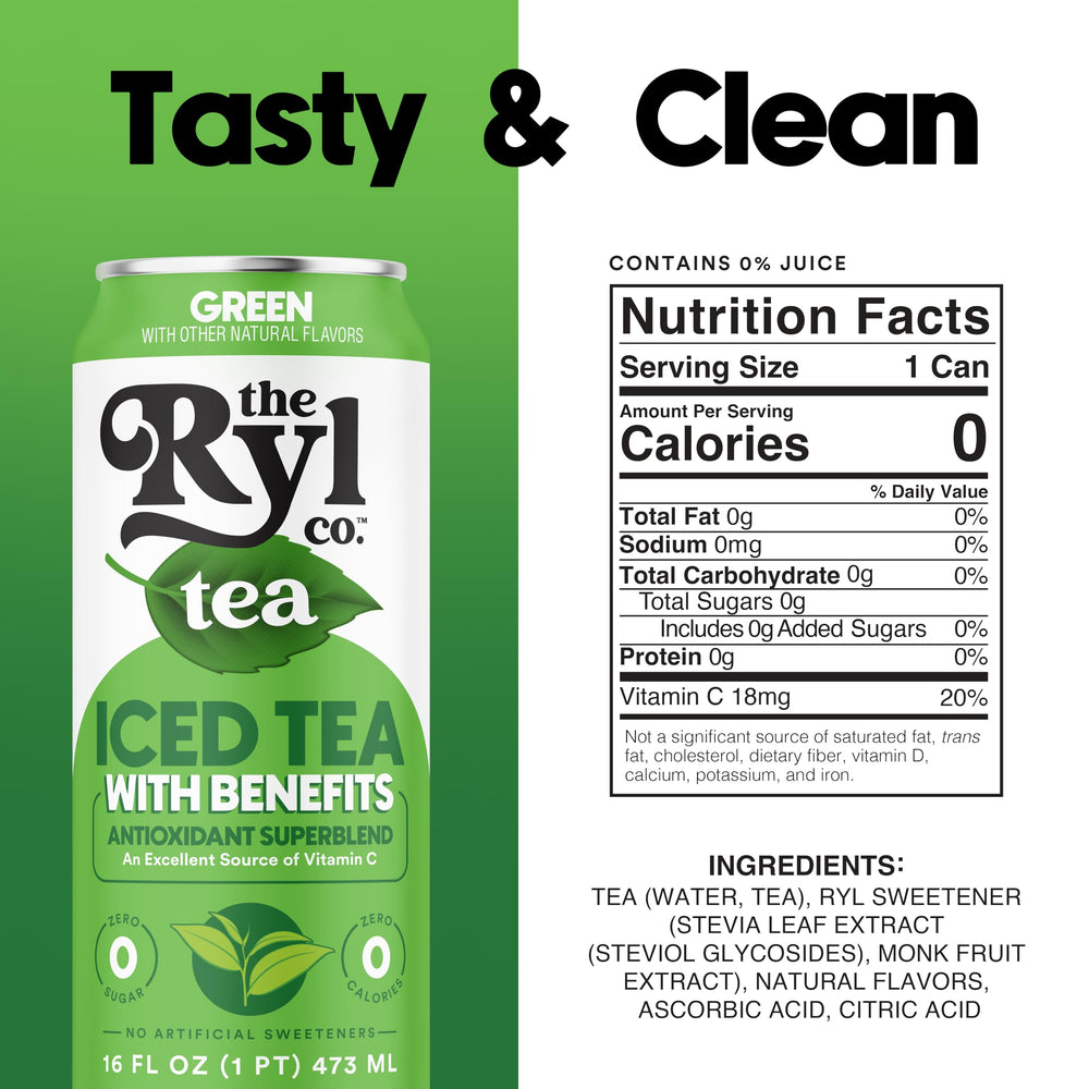 Ryl Co Iced Tea Green can front shows zero-sugar, low-carb refreshment