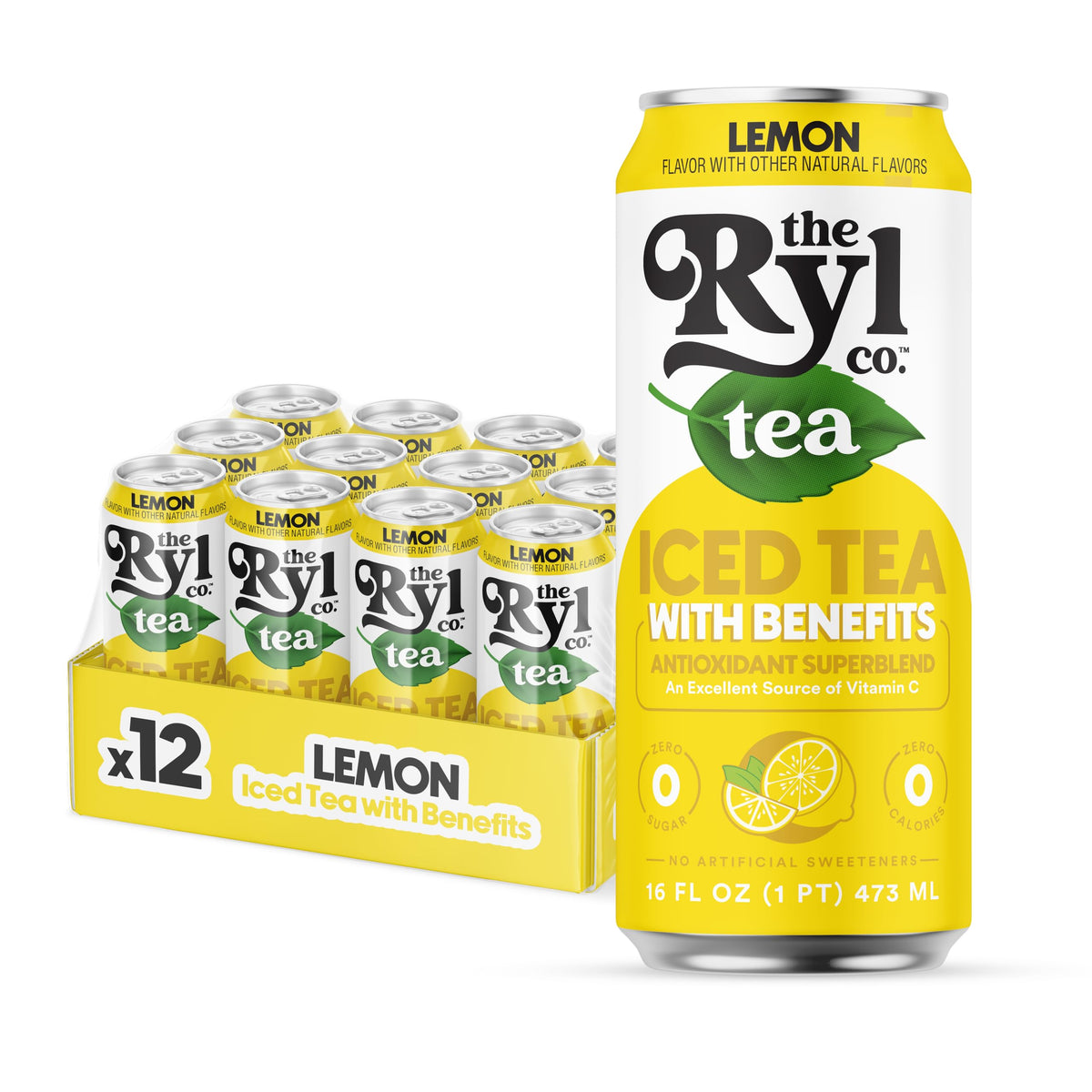The Ryl Co lemon iced tea can, front view, zero sugar and zero calories.