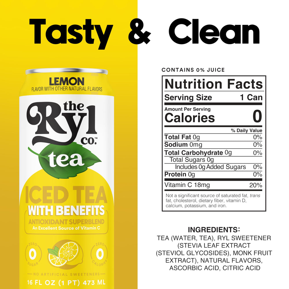 The Ryl Co lemon iced tea can, side view, recyclable aluminum packaging.