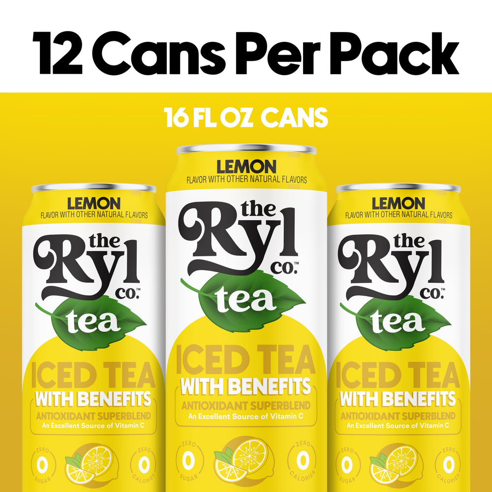 Ryl Co lemon iced tea label closeup, antioxidant superblend.
