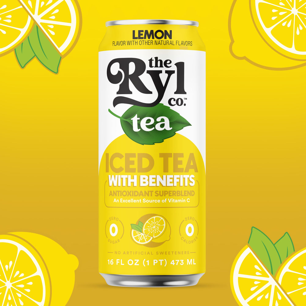 Ryl Co lemon iced tea being poured into a glass, capture refreshing flavor.