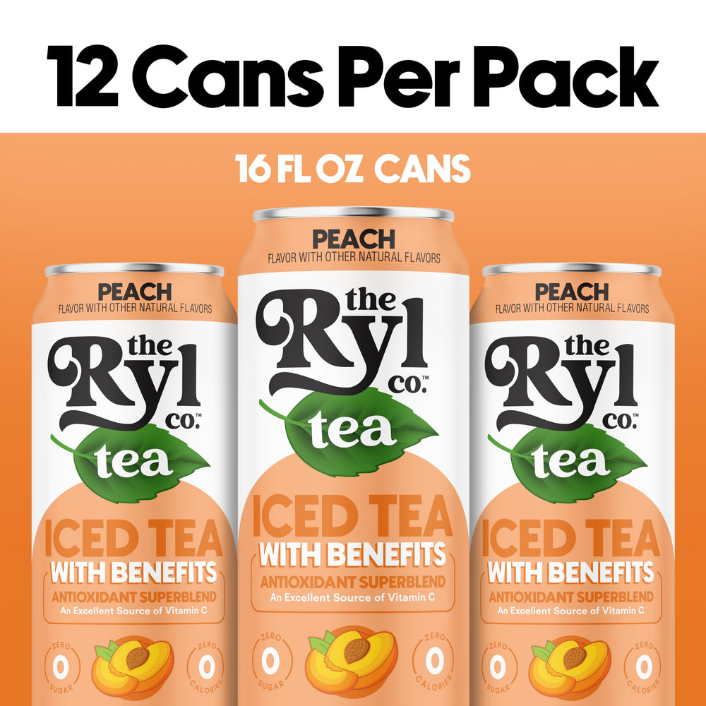 Ryl Co Peach Iced Tea glass pour highlights natural sweetness with zero sugar.
