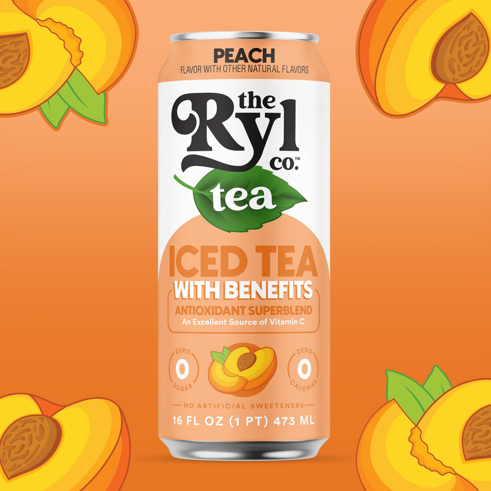 Ryl Co Peach Iced Tea label closeup shows antioxidant blend and vitamin C.
