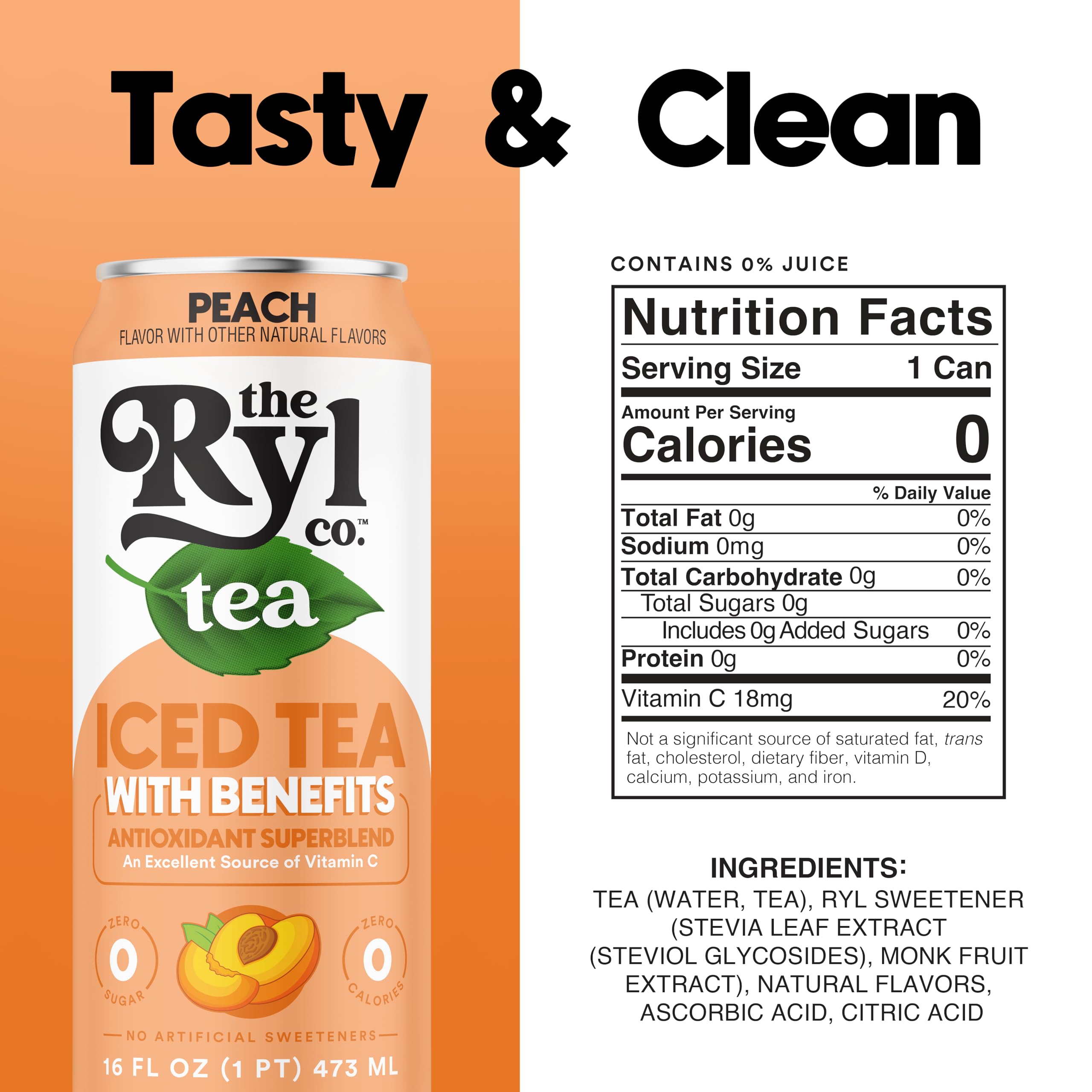 Ryl Co Peach Iced Tea on ice emphasizes ready-to-drink convenience and chilled refreshment.