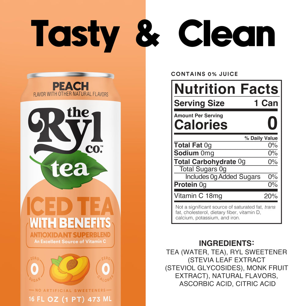 Ryl Co Peach Iced Tea on ice emphasizes ready-to-drink convenience and chilled refreshment.