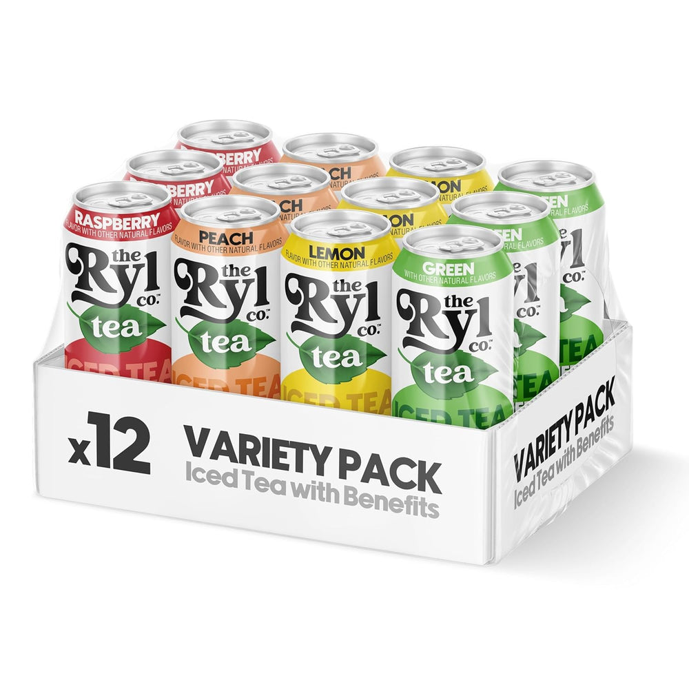 The Ryl Co Iced Tea label closeup highlights zero sugar and no artificial ingredients.