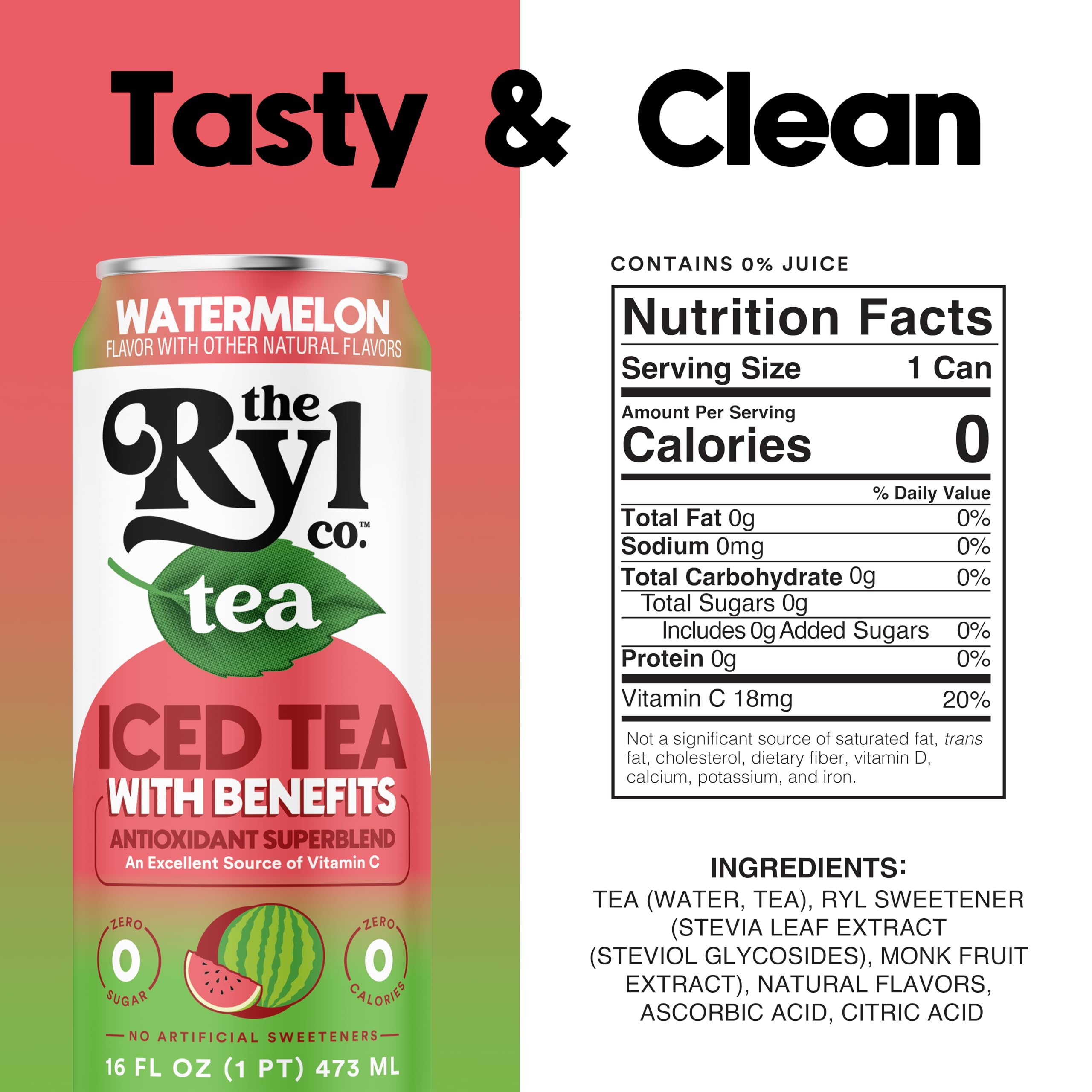 The Ryl Co Iced Tea Watermelon label detail shows zero sugar and natural sweetness