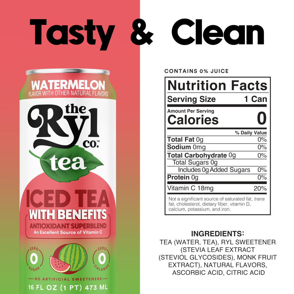 The Ryl Co Iced Tea Watermelon label detail shows zero sugar and natural sweetness